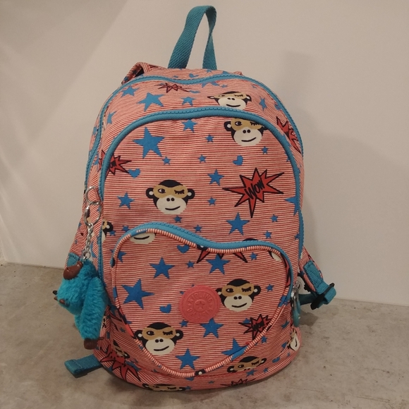Kipling Backpack Heart Pocket Bright Pink & Blue w Stars, Monkey & Monkey Charm - Picture 2 of 9